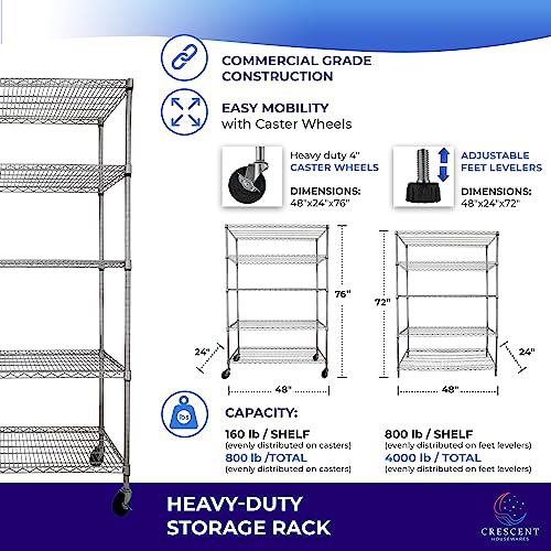 5-Tier 48x18x72 Crescent Housewares Rack, NSF Certified, Chrome