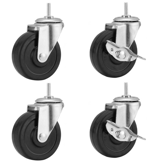 4" Heavy Duty Caster Wheels for Rack Shelving, 3/8" x 1", 16 TPI Threaded Casters, Swiveling, Set of 4, 2 Locking and 2 Non-Locking Wheels with Brakes, Crescent 800 LBS PRO Series